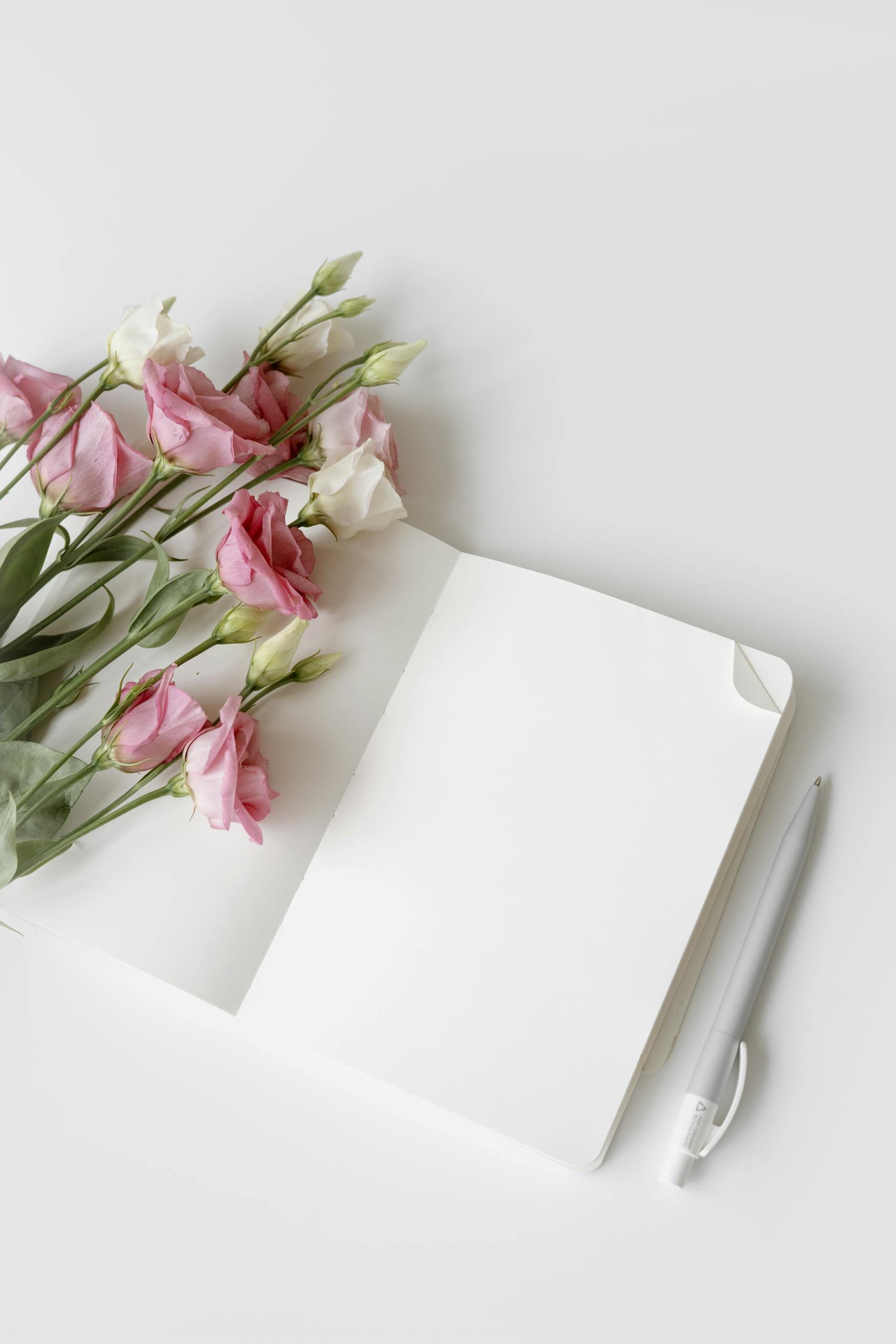 Open notebook with pink and white flowers and a pen. Perfect for minimalistic designs.
